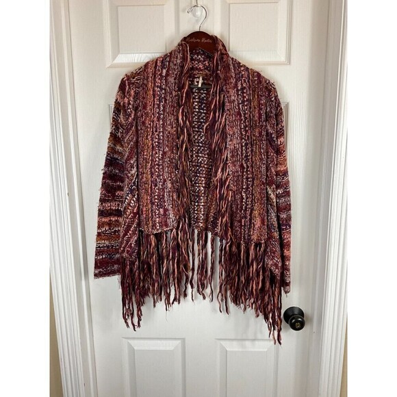 Free People Birkenstock Red Cardigan S Boho Chunky Fringe Wool Alpaca Sweater N3 - Picture 12 of 12